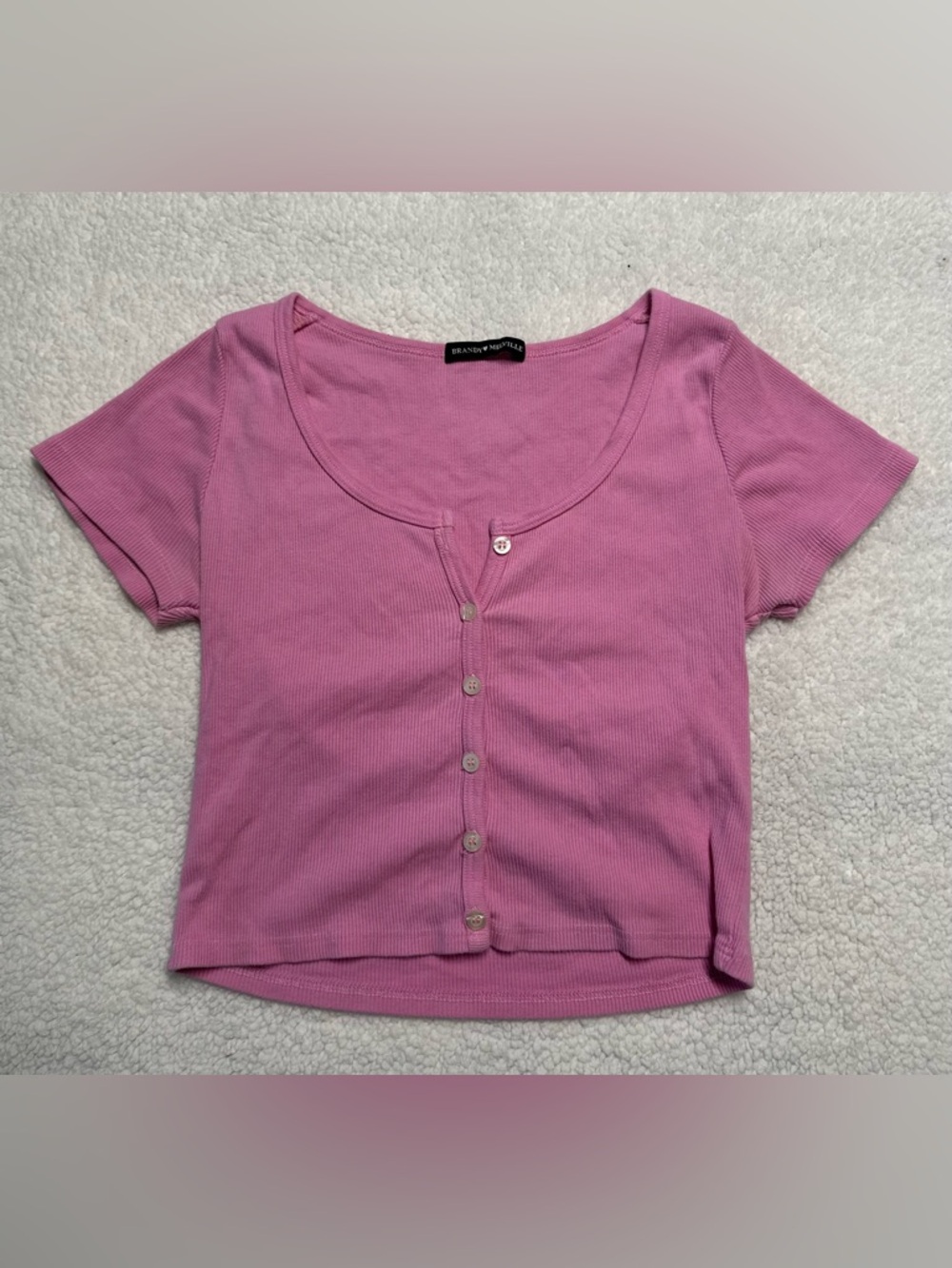 Brandy Melville Pink Ribbed Short Sleeve Button-Up Top